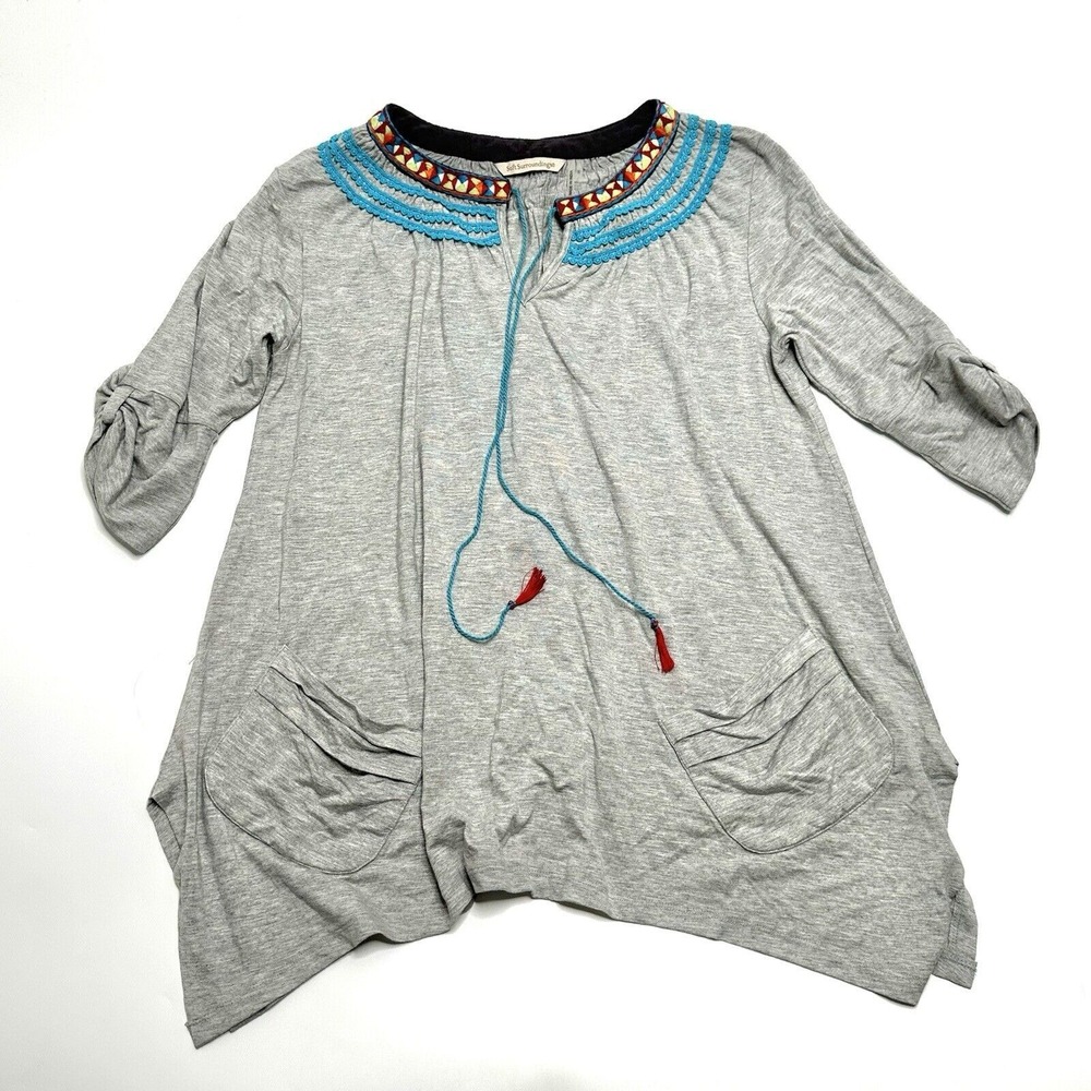 Soft Surroundings Top Womens S Small Gray Aztec Embroidered Pockets Boho Shirt